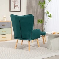Poltrona con Poggiapiedi, Schienale Alto Trapuntato, Gambe in Legno e Rivestimento in Lino, Verde Scuro