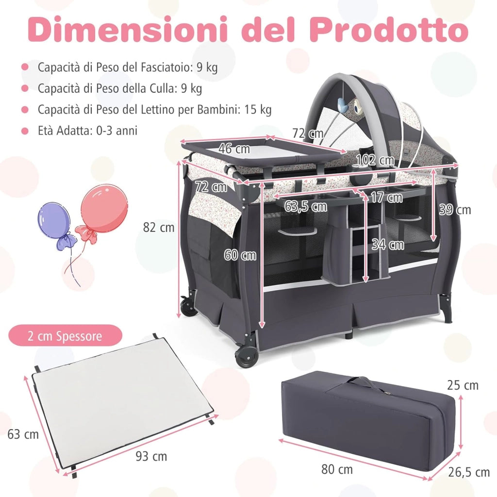 4 in 1 Lettino Neonato con Materasso, Culla da Campeggio con Fasciatoio Cappottina Regolabile, Ruote Bloccabili, Box Piechevole per Bambini 0-36 Mesi (Fiore Piccolo)