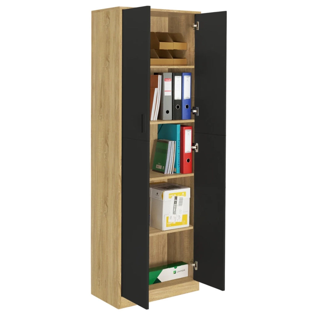 IDMarket - MARIA armadio multifunzionale da 190 cm in legno e nero per ufficio 2 ante 4 ripiani