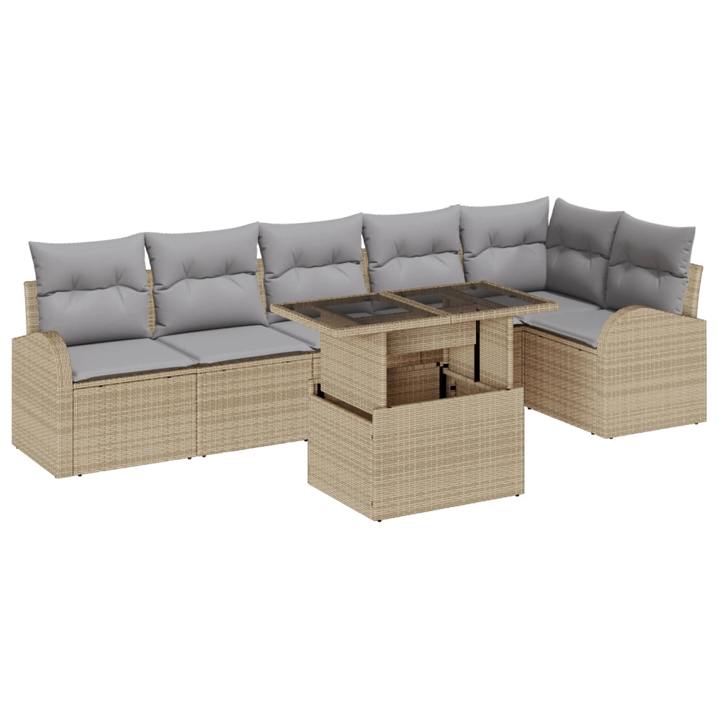 Set Divano da Giardino 7 Pezzi con Cuscini Beige Poly Rattan