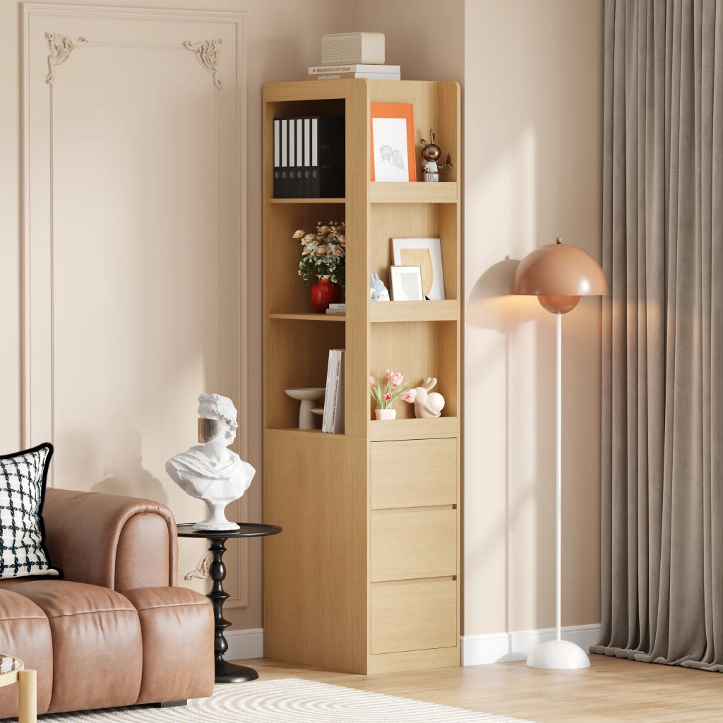 Libreria con 3 vani aperti e 3 cassetti, lato reversibile, con sicurezza antiribaltamento, rovere, 60 × 40 × 200 cm