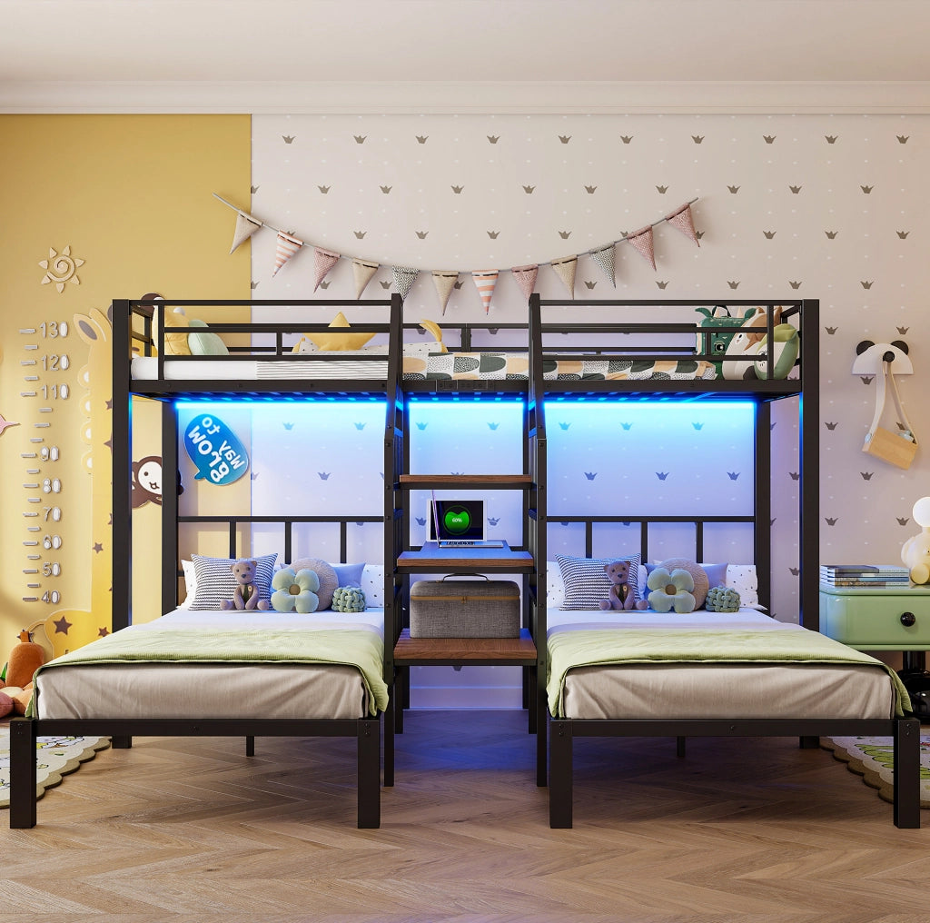 Letto a castello 90x200 cm in metallo e MDF con LED; scrivania; USB e vano contenitore; nero
