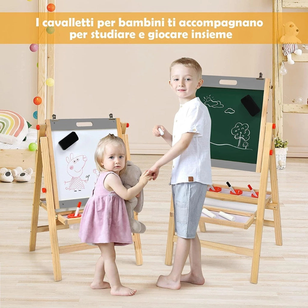 Cavalletto 3 in 1 pieghevole per bambini con altezza regolabile e vassoio, Cavalletto artistico di legno Grigio-Cavalletti e lavagne bambini