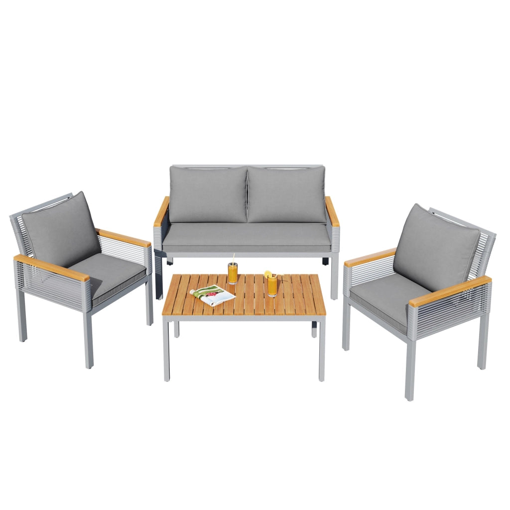 Set Divano da Giardino con Cuscini, 2 Poltrone e Tavolino ¨C MINIMAL ¨C Polyrattan, Grigio