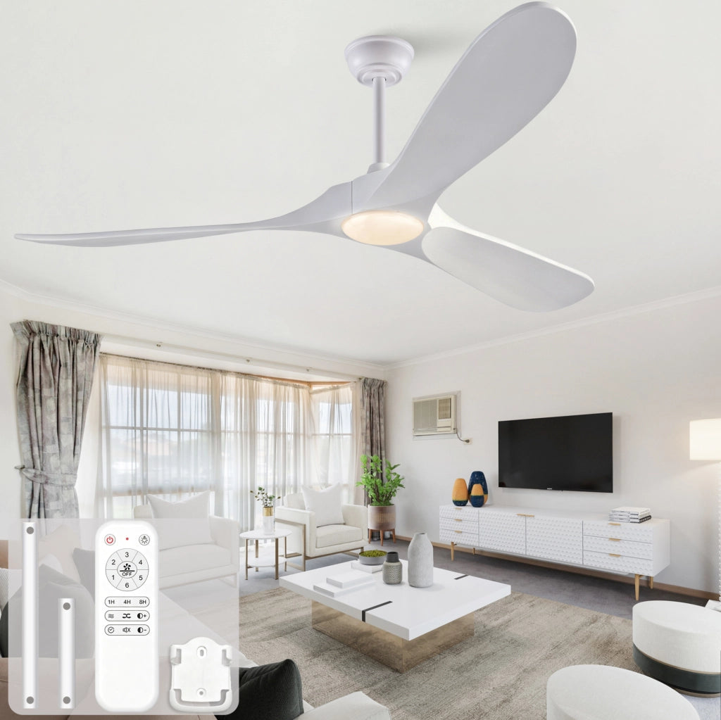 Ventilatore da soffitto 60" con LED dimmerabile; 3 pale in legno massello; bianco