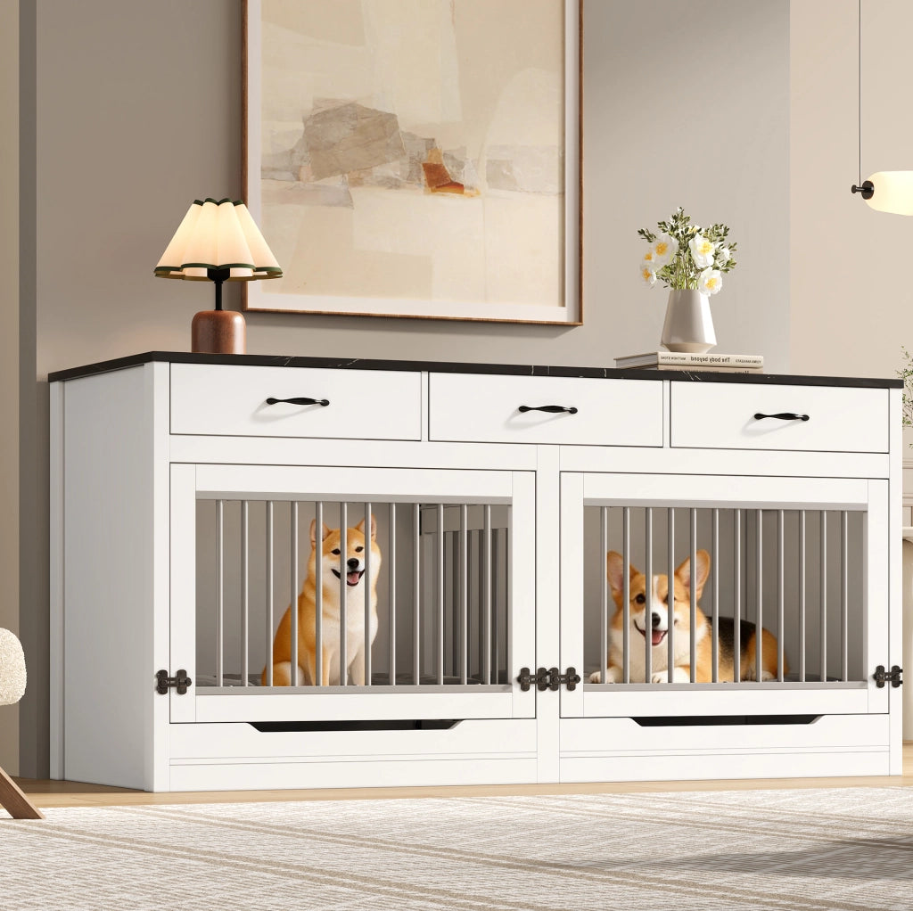 Mobile gabbia per cani in MDF e metallo con divisorio e 3 cassetti