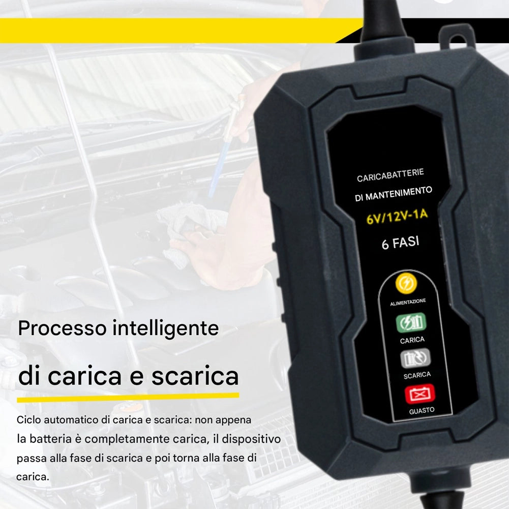 Caricabatterie di Mantenimento per Auto e Moto con Ciclo di Ricarica a 6 Fasi