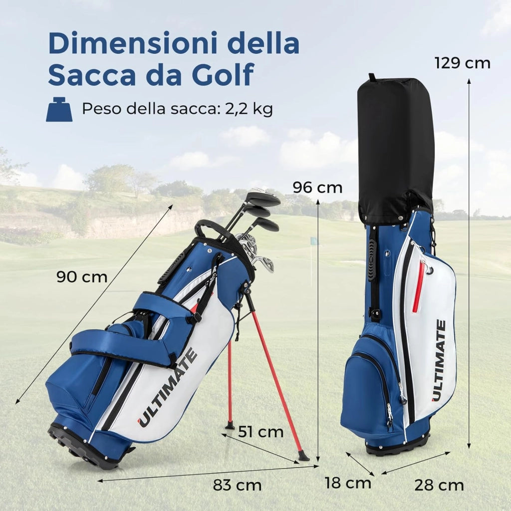 Set Completo di Mazze da Golf per Mancini da Uomo, Borsa Portatile con Supporto e Cappuccio Antipioggia, Include Driver 1 da 460CC, Fairway 3, Ibrido 4, Ferri 6, 7, 8, 9, P e Putter (Blu)