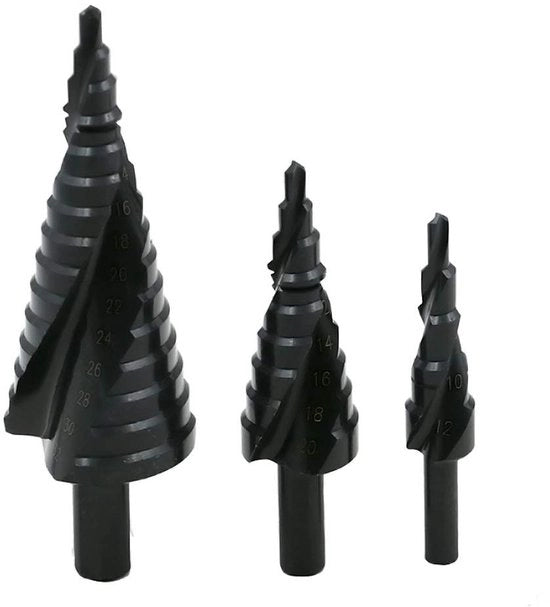 Set di Trapani 3-in-1 4-12 mm - Acciaio Velocissimo con Rivestimento di Titanio - Manico a Tre Angoli - Doppio Taglio - Misurazioni Laser Incise - Prestazioni a Lungo Termine - Set di Trapani