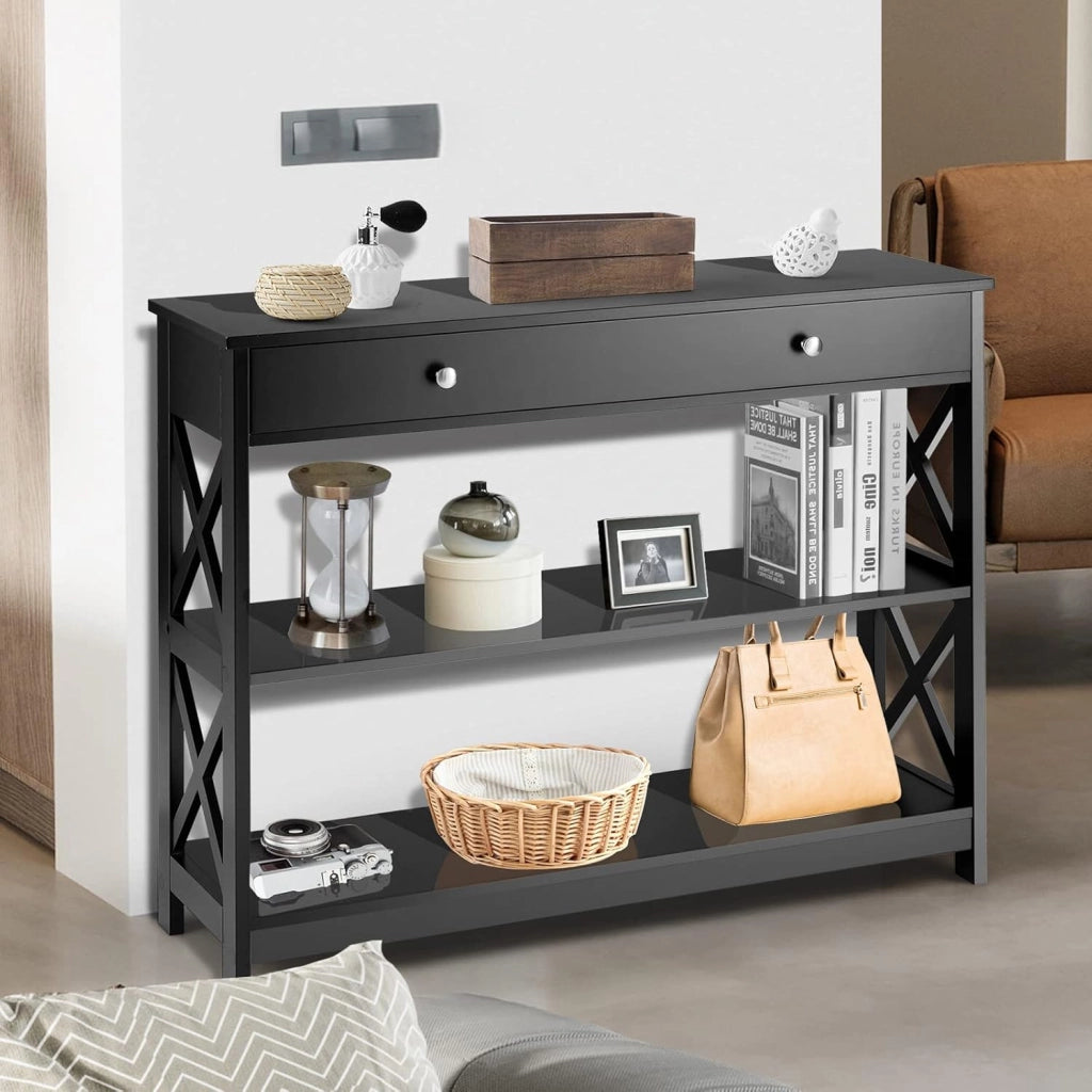 Consolle sottile, tavolino da corridoio con cassetto e 2 ripiani, tavolino d'ingresso, tavolo da ingresso, tavolo sottile, moderno tavolo decorativo con protezione antiribaltamento, 100 x 30 x