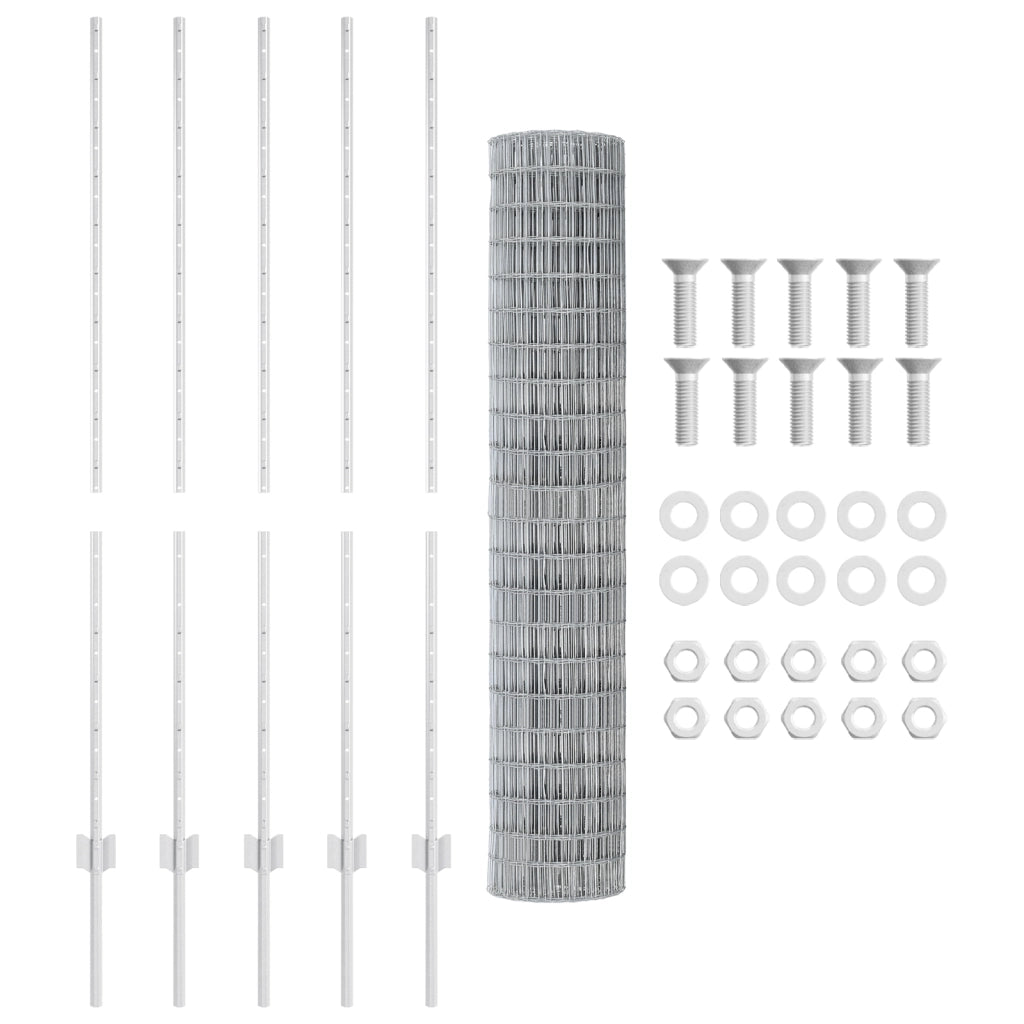 Recinzione Euro con 10 Post in Acciaio Argento 1,4x10 m