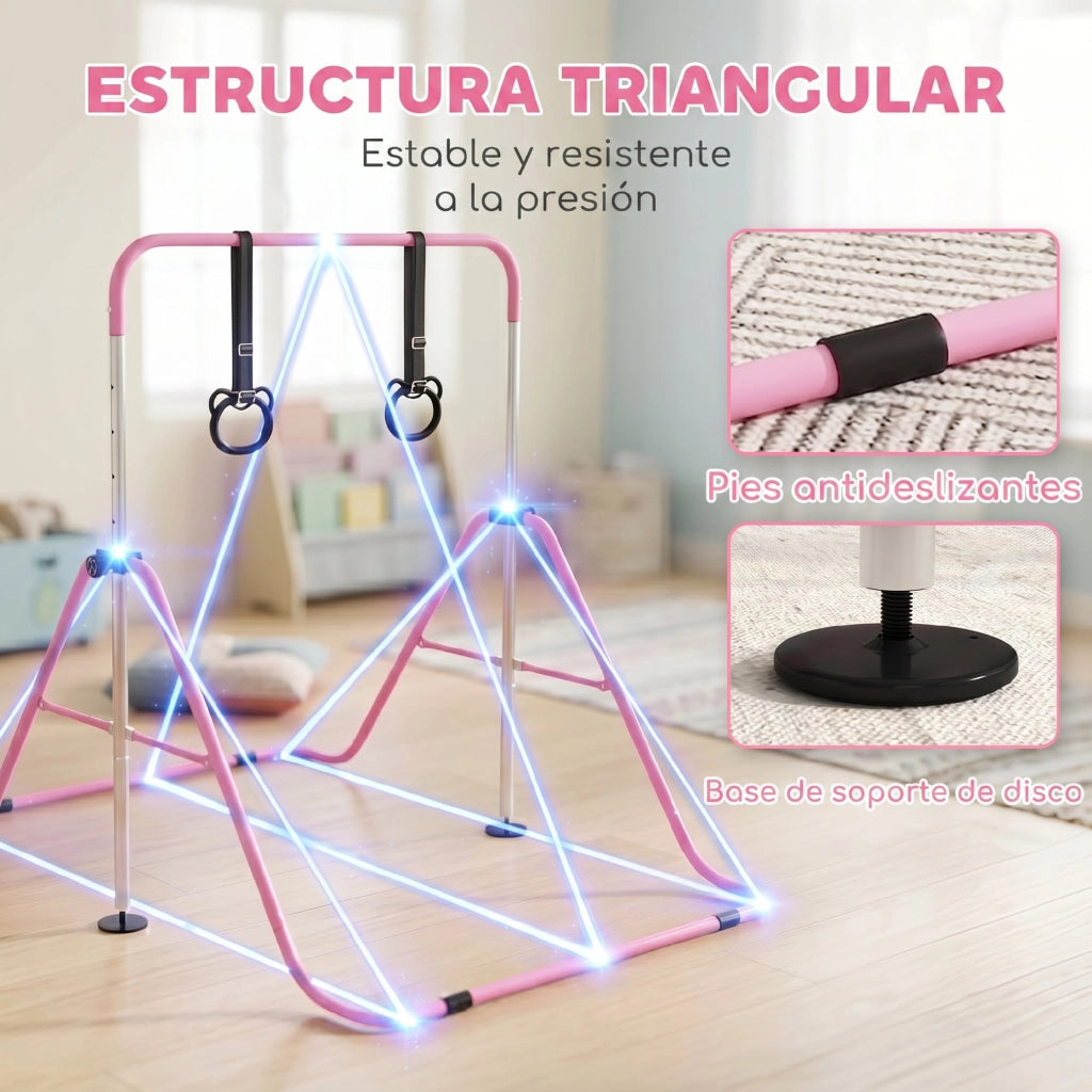 Sbarra per ginnastica bambini regolabile in 5 livelli con anelli pieghevole ¨C Zephmum ¨C Rosa