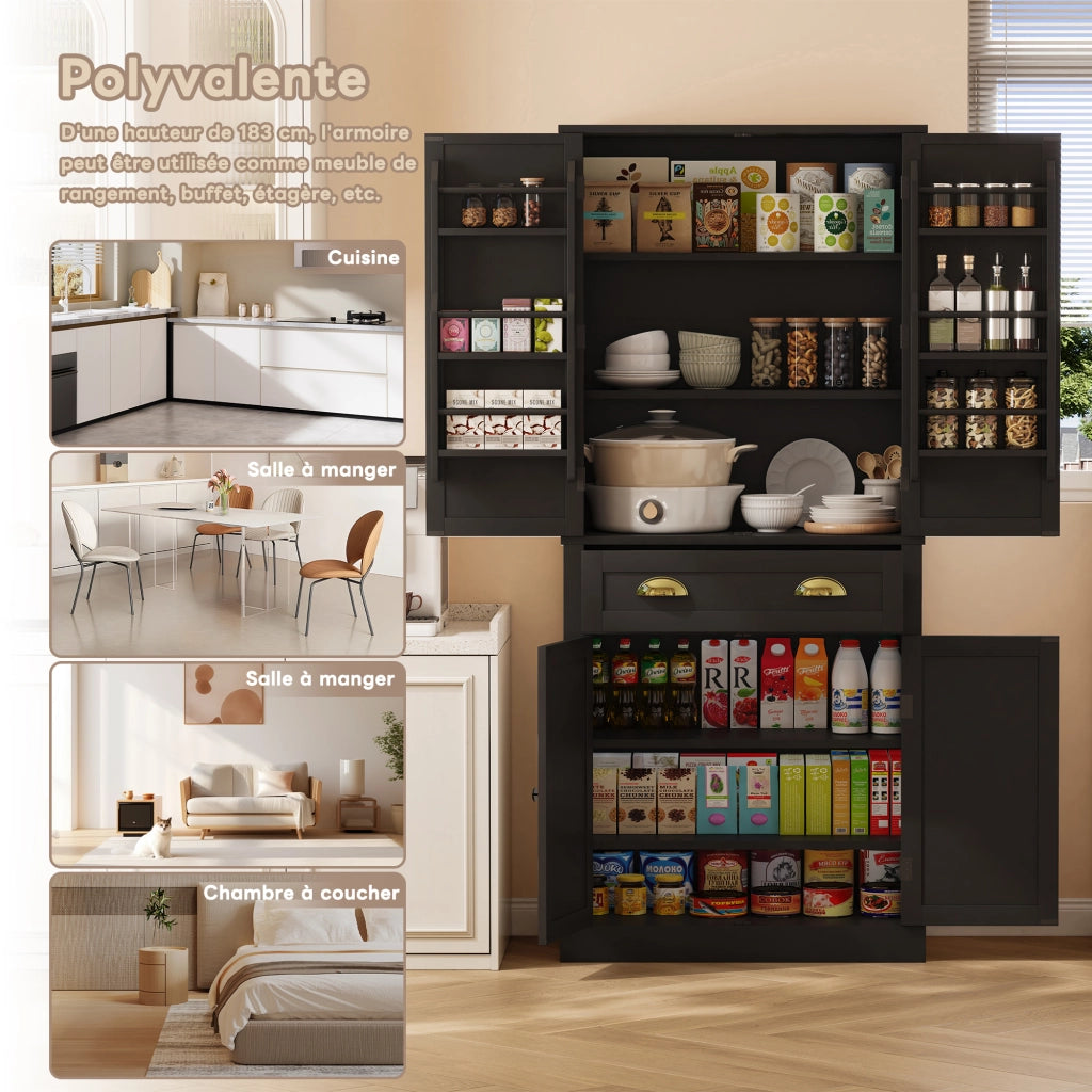 Credenza da Cucina Alta con 4 Ante; 1 Cassetto e 4 Ripiani Regolabili; in MDF; Nero; 80 x 40 x 182 cm
