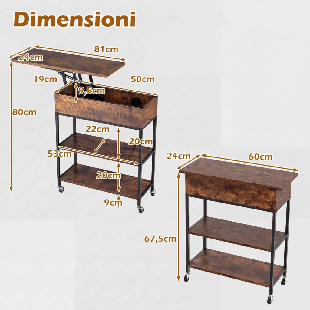 Tavolino Laterale con Ruote, Tavolino con Piano Ribaltabile, Stazione di Ricarica, Ripiani di Stoccaggio Aperti, Mobile Industriale per Studio, Salotto, Divano, 60 X 24 X 67,5 CM