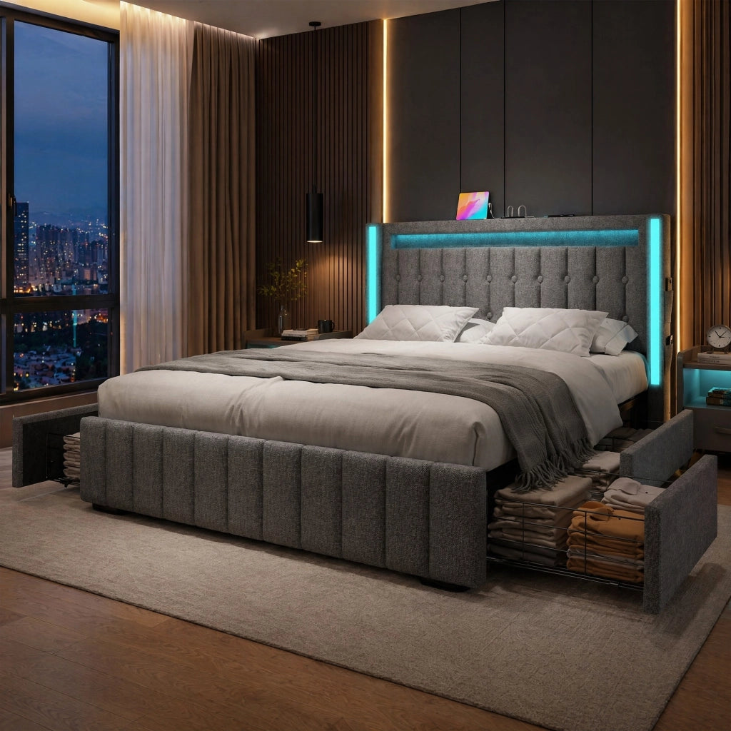 Letto imbottito matrimoniale 140x200 cm con LED, porte USB Type-C, 4 cassetti e materasso incluso