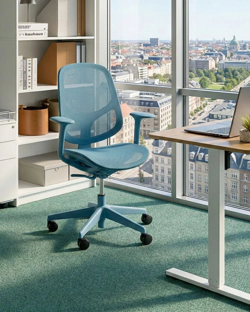 Sedia da ufficio azzurra in rete con base girevole, braccioli e altezza regolabile per ufficio domestico e open space