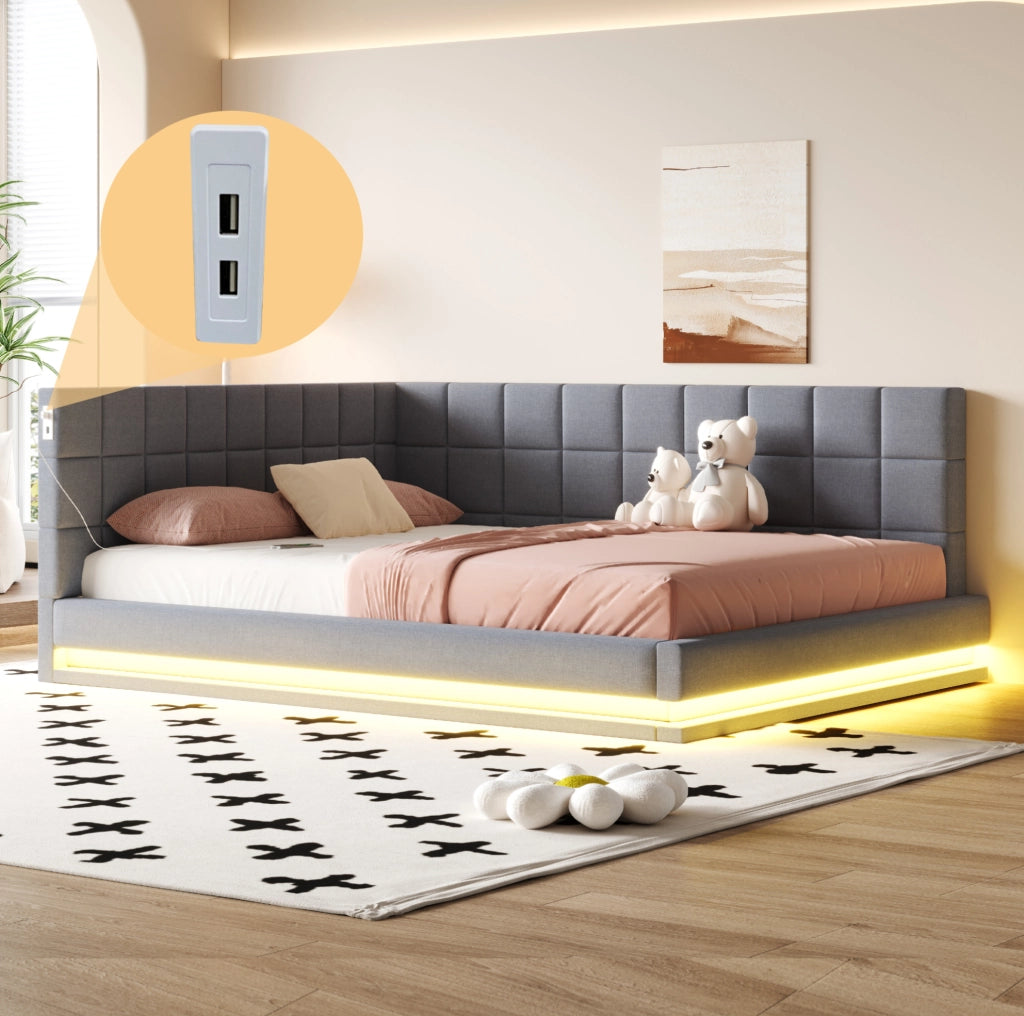 Divano letto imbottito 160 x 200 cm grigio con LED, USB e rete a doghe
