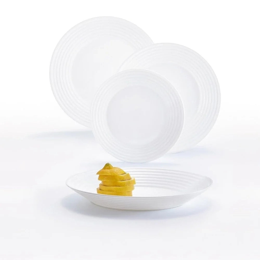 Trade Shop - Set Servizio Di Piatti Da Tavola Bianco 18 Pz In Vetro Opalino Design Moderno Con Cerchi -