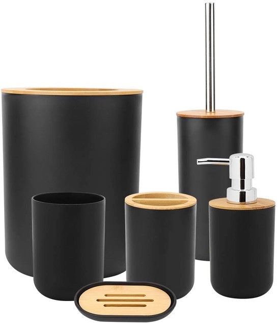 Set accessoriato per la camera da bagno 6 pezzi - contenitore per sapone - holder per spazzola da denti - bicchiere per doccia - flacone per lozioni - contenitore per rifiuti - duraturo e resistente agli urti - set camera da bagno