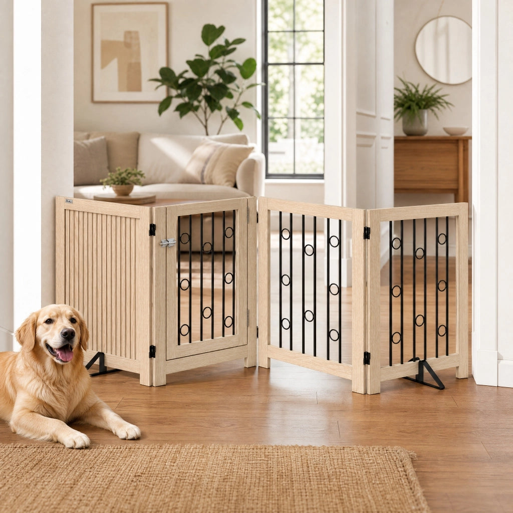 Cancelletto per cani pieghevole con porta in legno e acciaio naturale