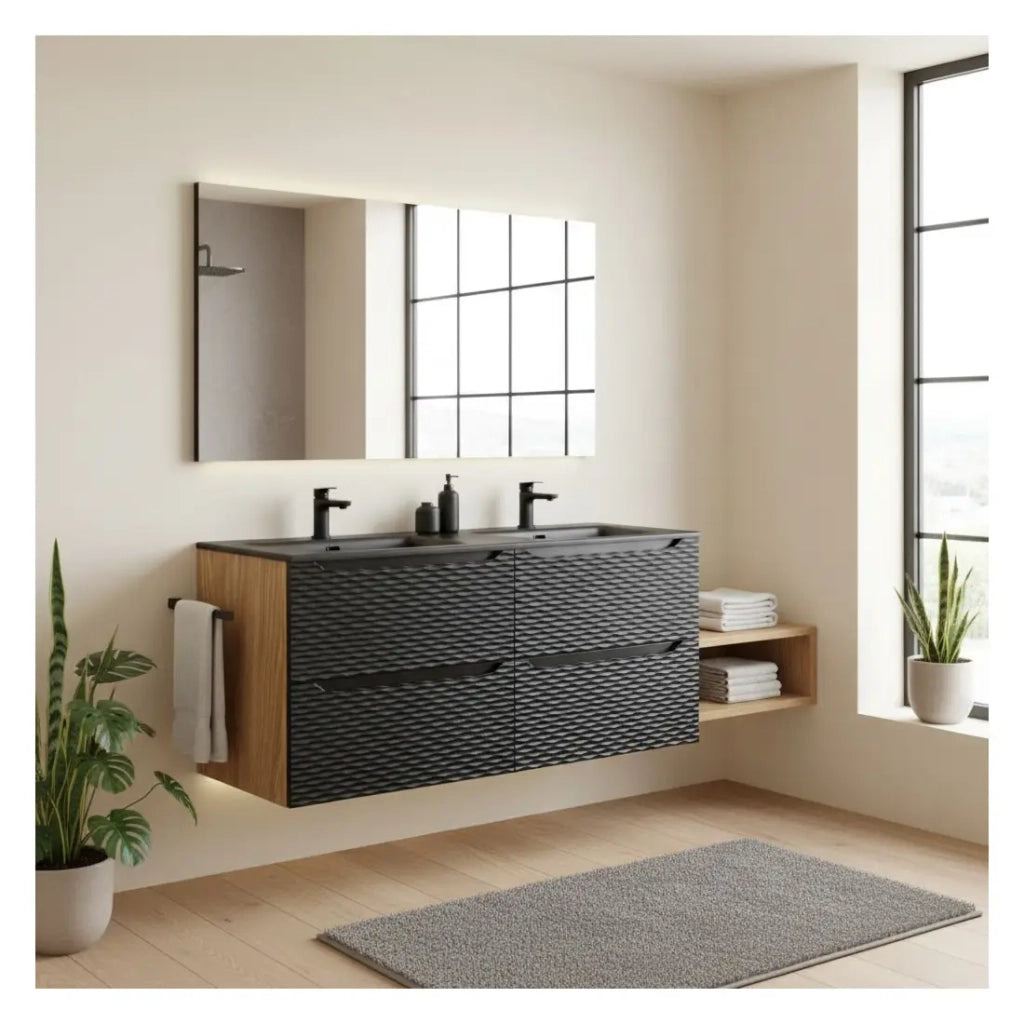 Set da bagno YOKA nero: mobile sotto lavabo con cassetti 120 cm + doppio lavabo da incasso neri