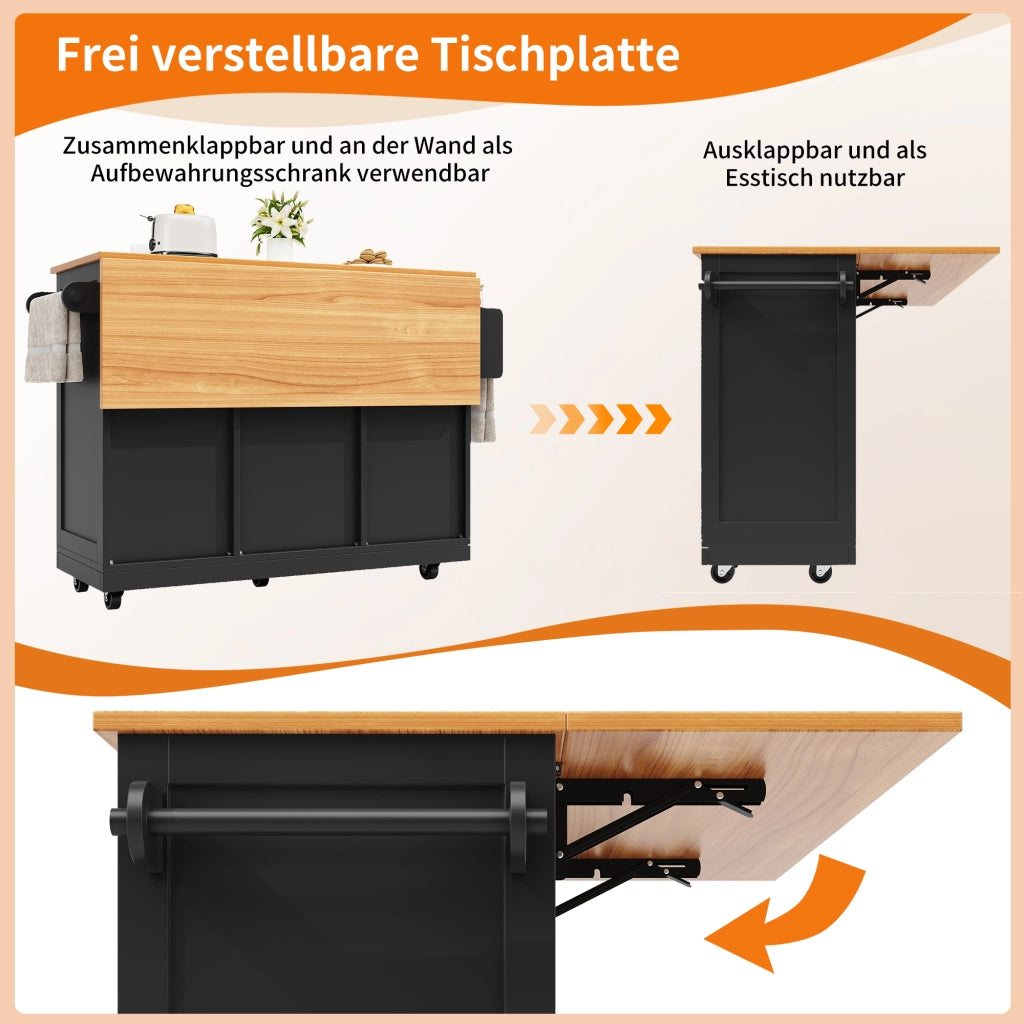 CARRELLO DA CUCINA 140x70/40x93,5 cm Nero in MDF con piano ribaltabile