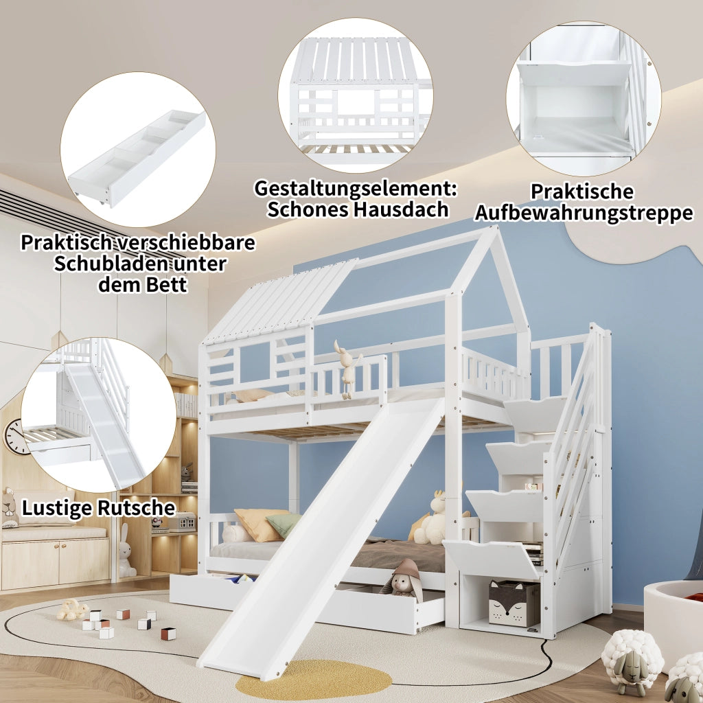 Letto a Castello 90x200 cm con Scala; Scivolo; Contenitori e Cassetti in Bianco