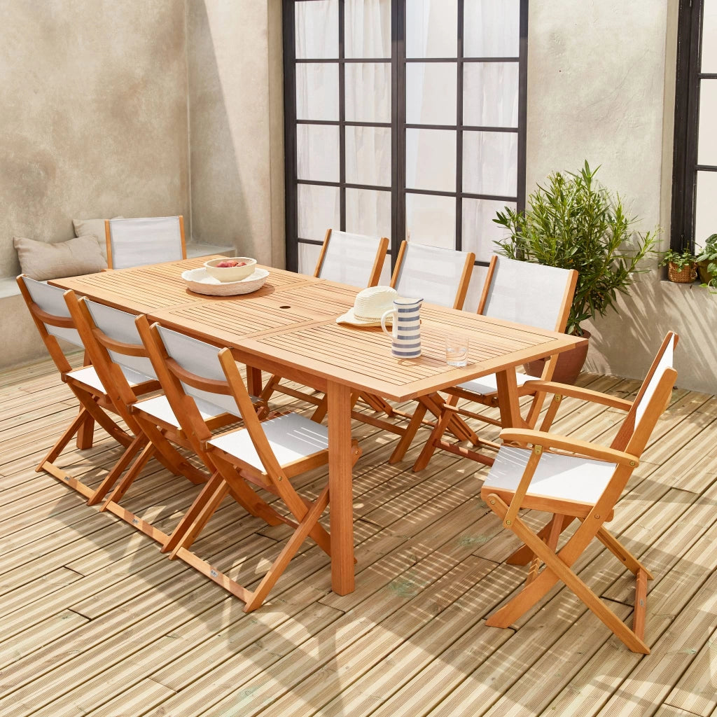 Set tavolo da giardino rettangolare allungabile in legno con 8 sedie,