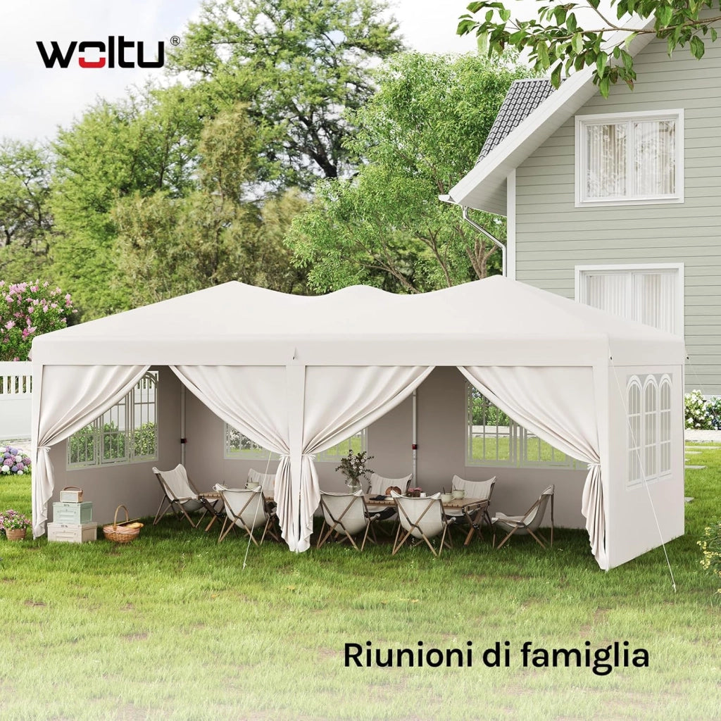 Gazebo Esterno Resistente 3x6 m, Tendone da Giardino con 6 Pareti Rimovibili, Sistema Pop-Up, Altezza Regolabile, Borsa da Trasporto, per Campeggio, Festa, Matrimonio, Beige