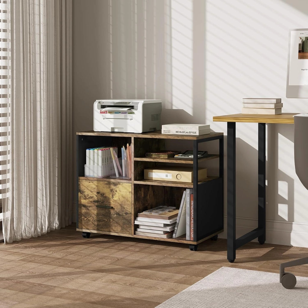 Schedario da Ufficio con 4 Scomparti a Giorno, Mobile da Ufficio per Documenti con Ruote, Mobile Vintage per Stampante con 1 Cassetto, in Legno e Metallo, Marrone Rustico e Nero, ASK05hov