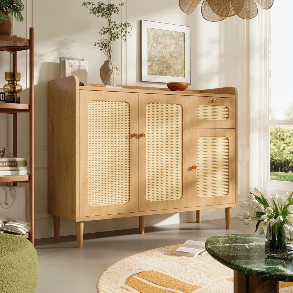 Credenza con 3 ante; 1 cassetto e ripiani regolabili; per soggiorno; in MDF; 120x40x91 cm; rovere