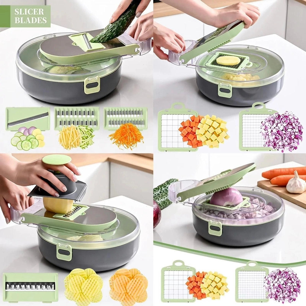 Trade Shop - Affettatrice 9in1 Tritatutto Portatile In Acciaio Con Cestello Scolapiatti Multifunzionale -