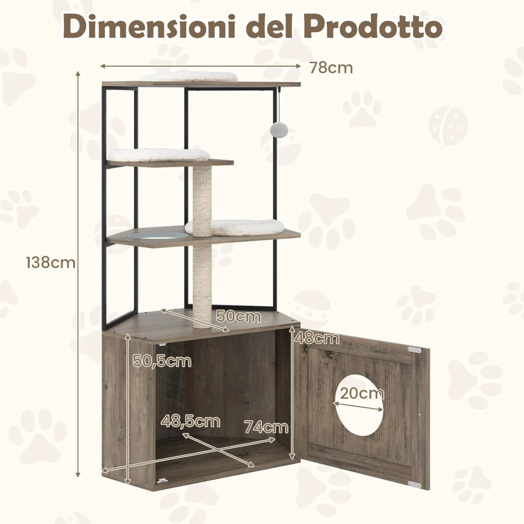Mobile per Lettiera per Gatti, Mobile Nascosto per Gattini con 2 Tiragraffi e 3 Tappetini, Foro per Gatto, Struttura in Metallo e Pallina Appesa, Albero per Gatti in Legno da Interno