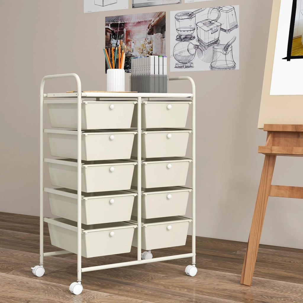 Carrello a 10 Cassetti con Ruote, di Stoccaggio con Stabilità Elevata, Multiuso per Casa Ufficio e Scuola, 65,5 x 37 x 87 cm (Bianco)