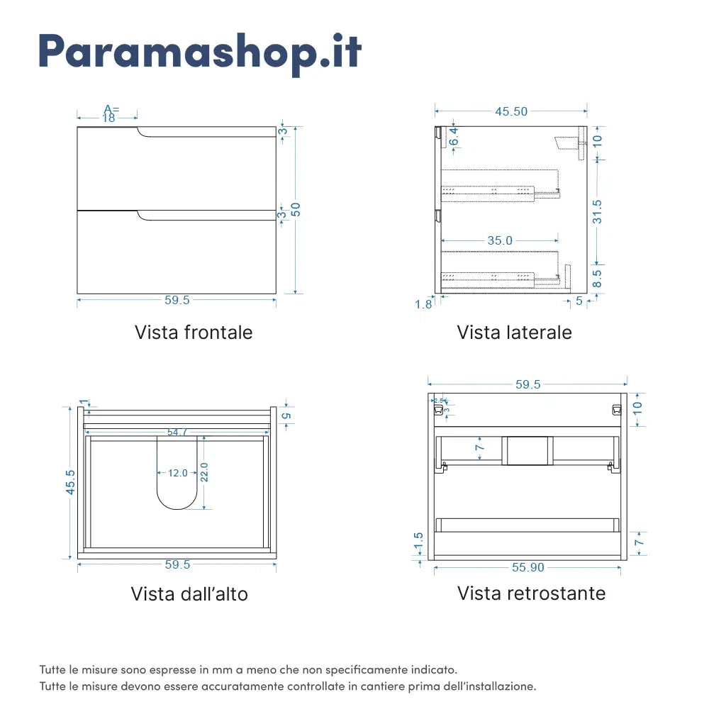Mobile bagno sospeso 60 cm due cassetti rosa cipria opaco con top | Ardenne