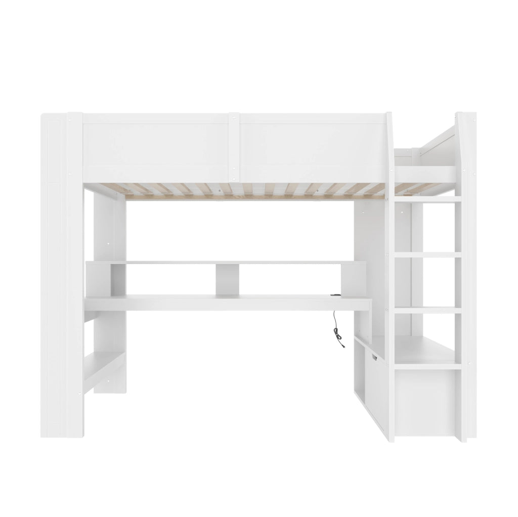 Letto a soppalco 90x200 cm con scrivania; cassetto; scaffali e LED in pino bianco