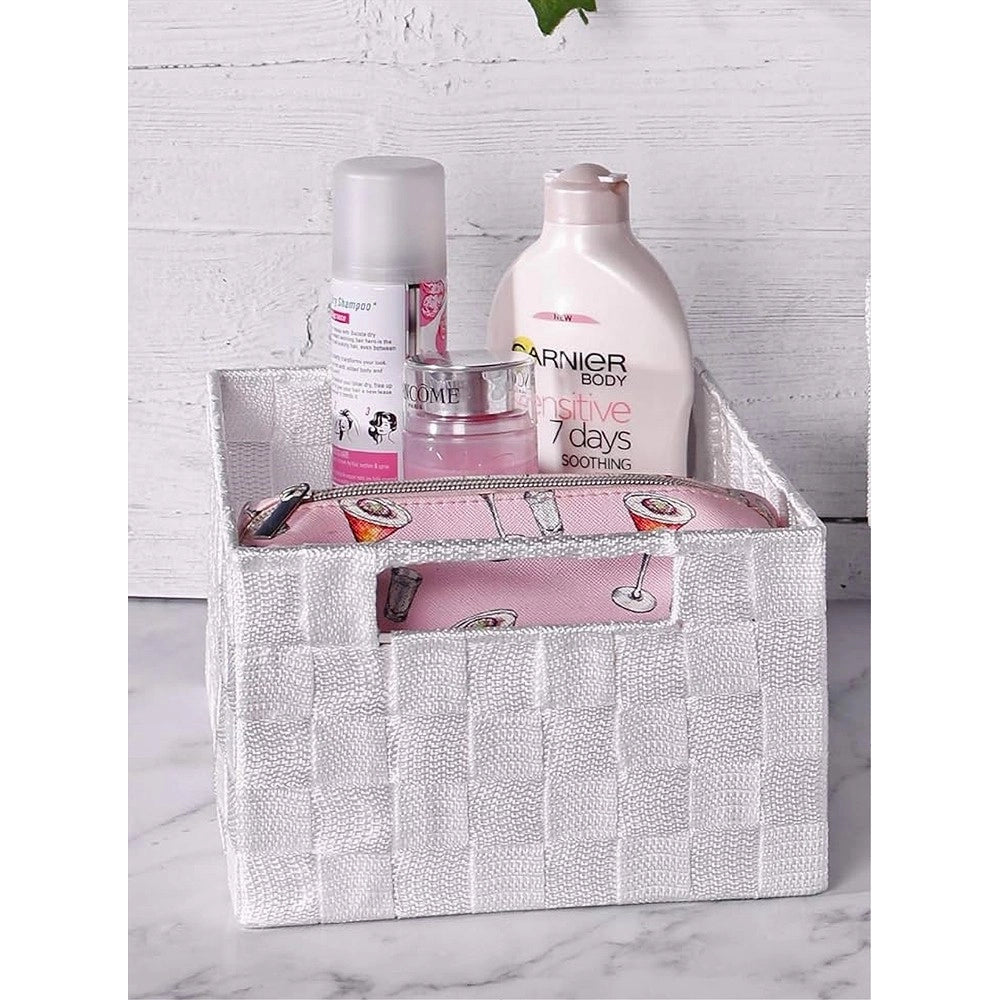 Trade Shop - Porta Oggetti Cesto In Tessuto Intrecciato 38x26x13 Cm Con Maniglie Bianco 79031 -