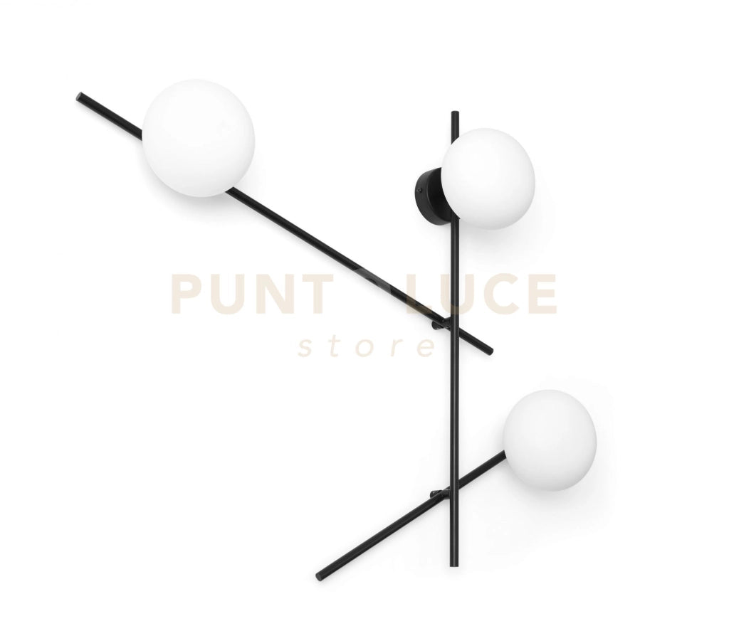 MIKADO LAMPADA DAPARETE O SOFFITTO 3 LUCI IN METALLO NERO E VETRO SOFFIATO BIANCO D.14CM ATTACCO G9
