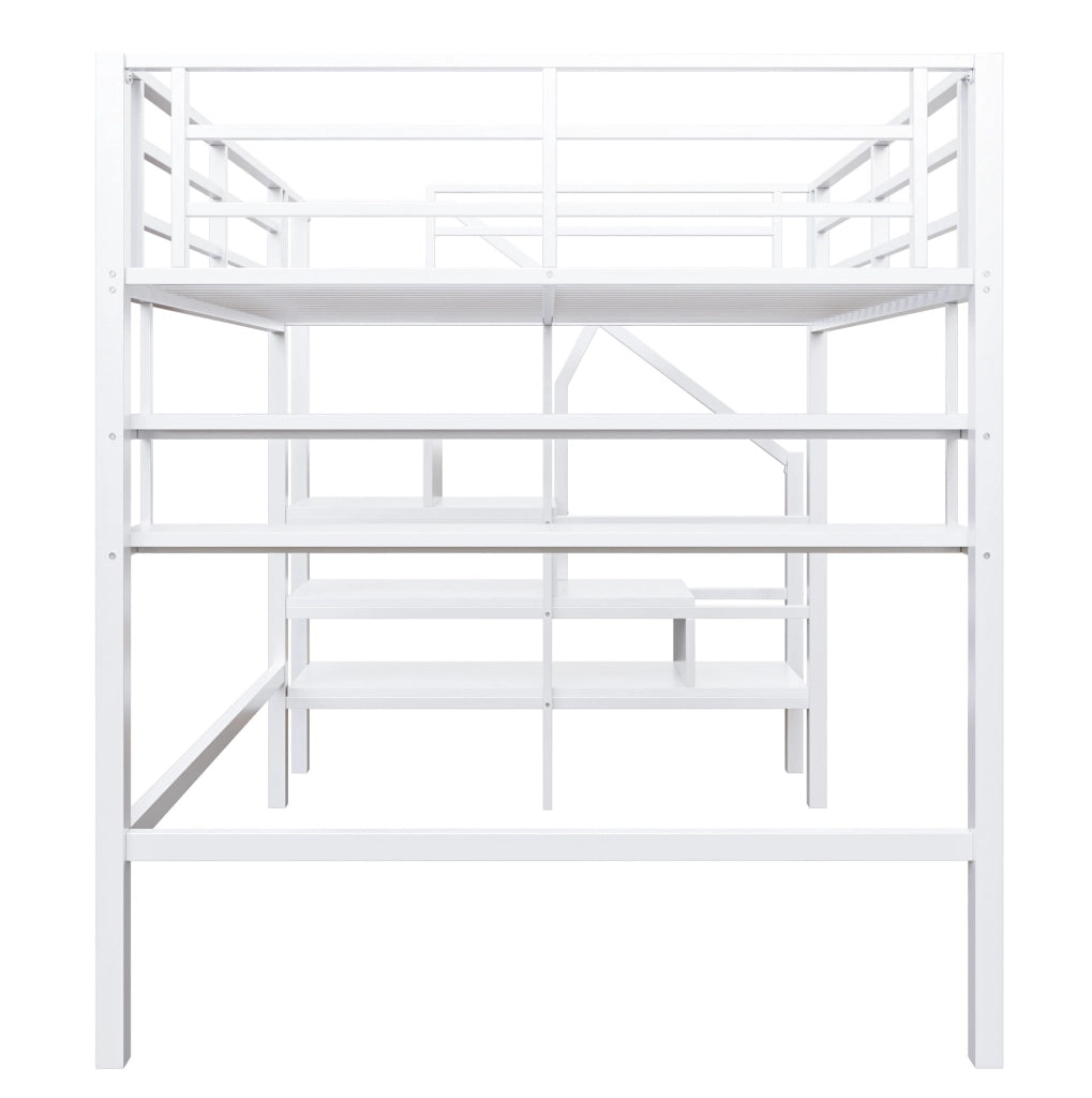 Letto a soppalco 140x200 cm con ripiani e scala contenitore, bianco