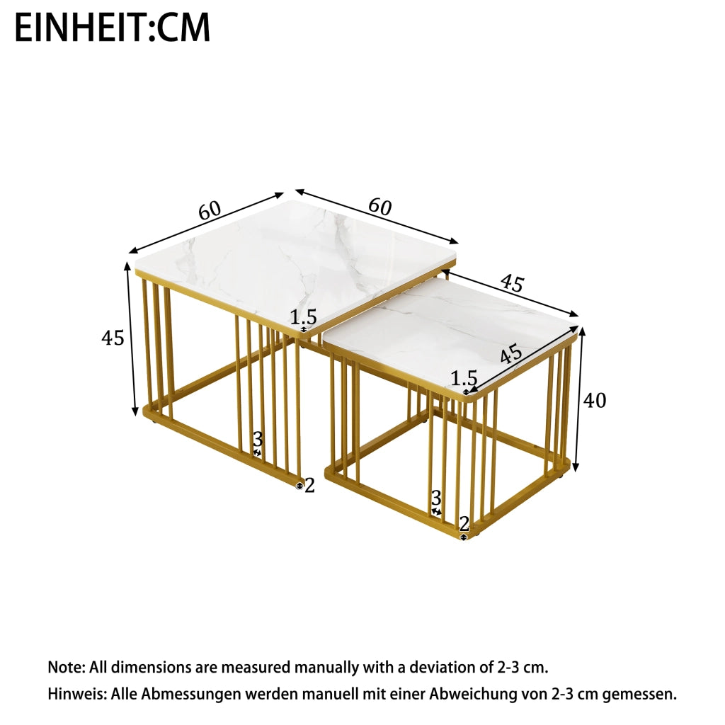 TAVOLINO DA CAFFÈ Quadrato Set 2 pezzi 60x60/45x45 cm Effetto Marmo Bianco Oro