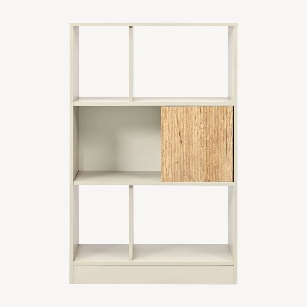 Libreria Karena Scaffale da Terra con Anta e 5 Vani Aperti 112x70x30 cm - Bianco Crema/Effetto Rovere [en.casa]
