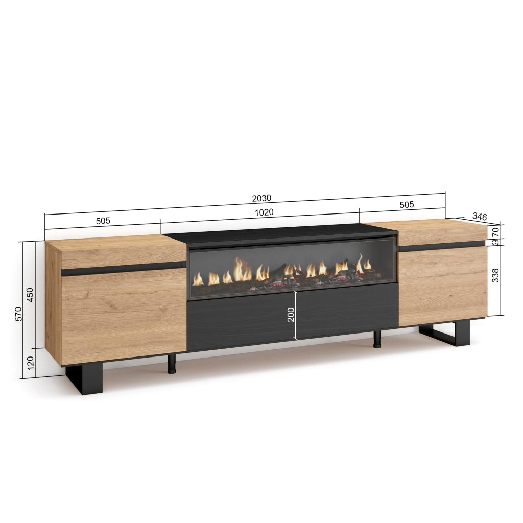 Mobile TV, 200x35x57cm, soggiorno, Per TV fino a 80", Camino elettrico, Design industriale, colore Rovere e nero RF2260