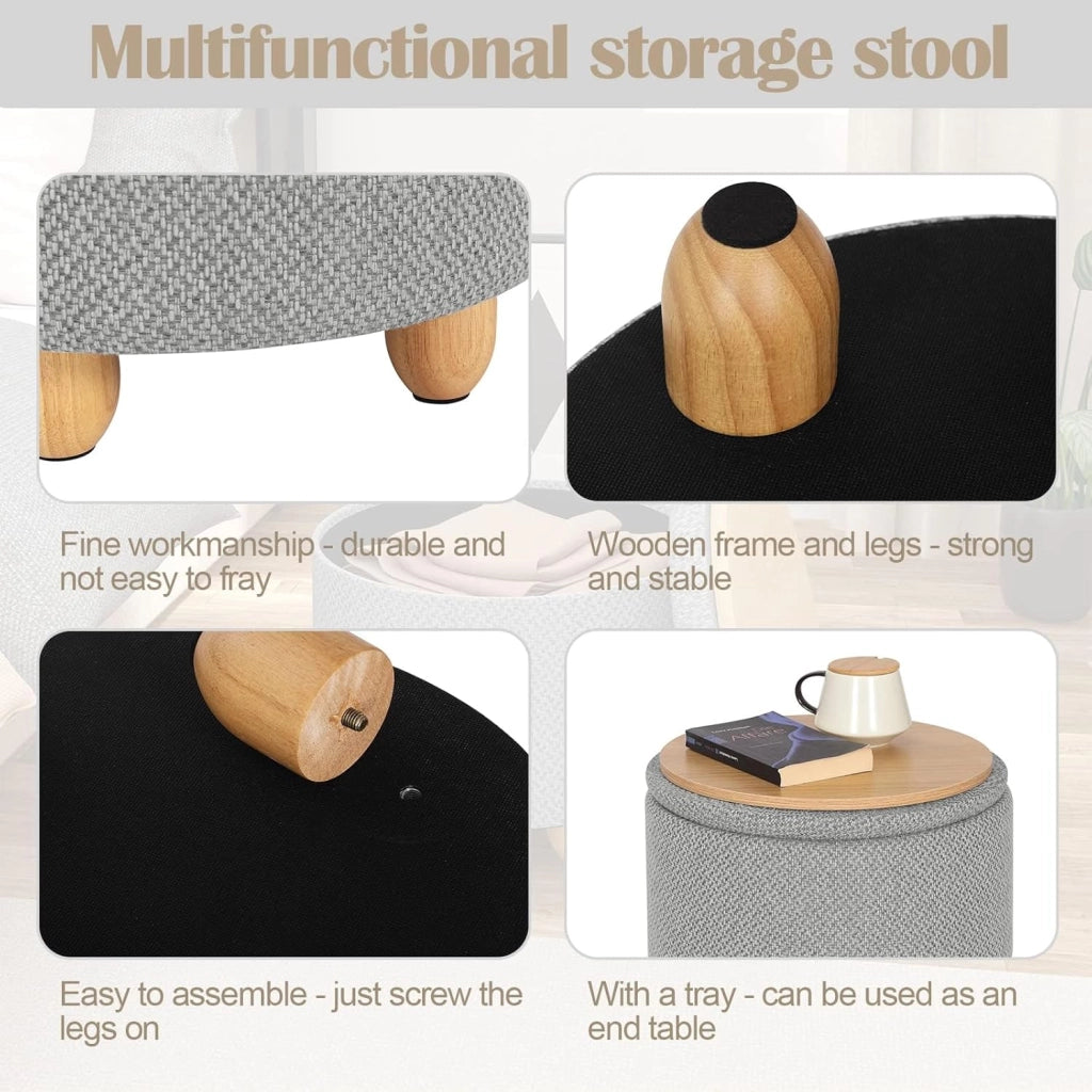 Pouf Contenitore con Coperchio, Pouf Poggiapiedi in Lino Grosso, Sgabello Tondo Salvaspazio con Gambe in Legno di Pino per Soggiorno, Corriodio, Camera, Ø 39x33 cm, Grigio Chiaro