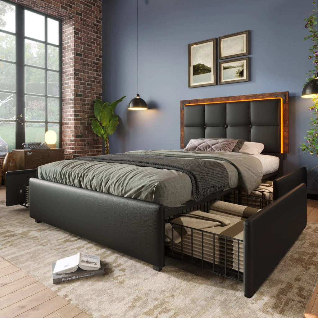 Letto singolo 90 × 200 cm con LED, 4 cassetti, testiera regolabile, con materasso, in PU nero