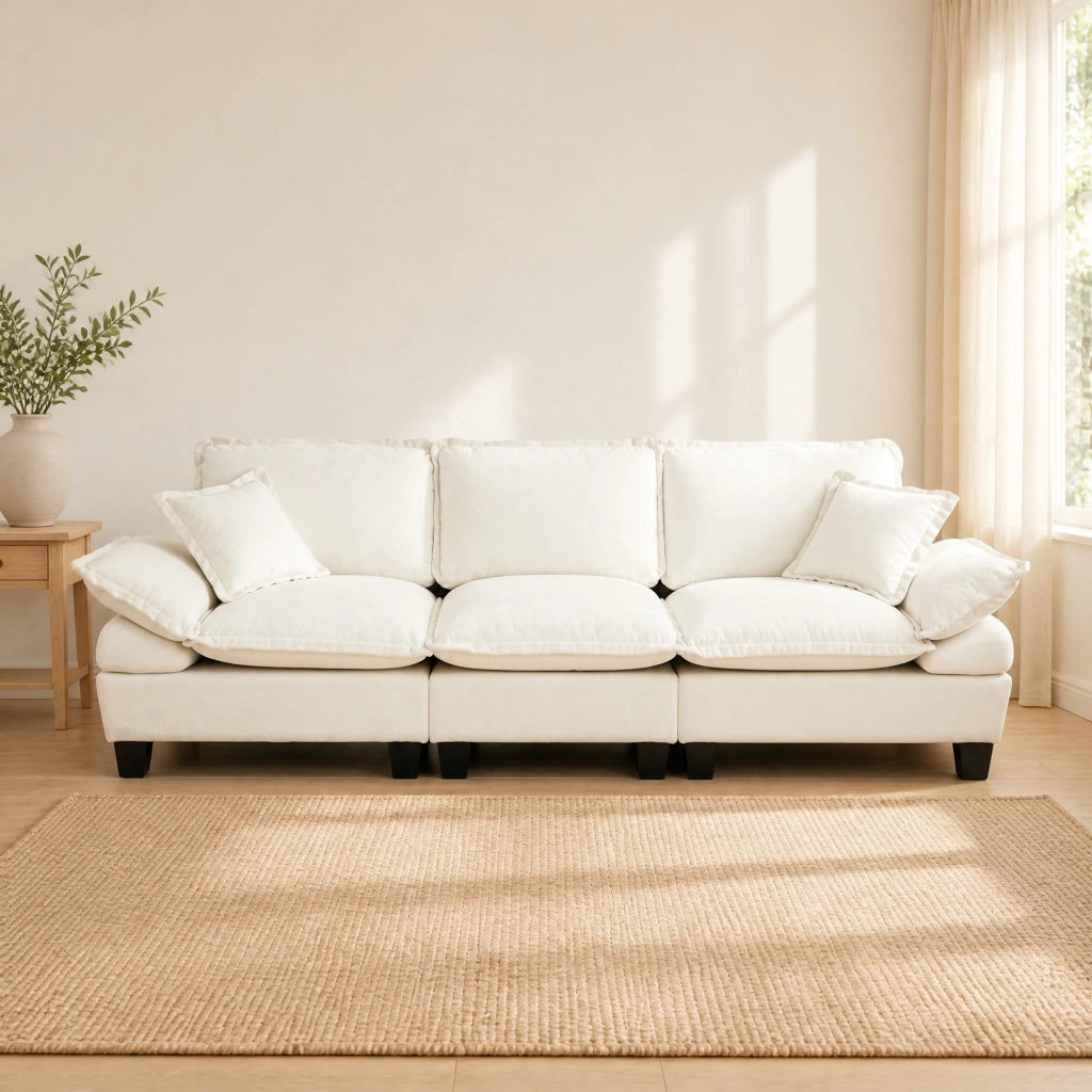 Divano cloud con braccioli curvi removibili in chenille beige per appartamenti e soggiorni compatti 263 × 82 × 90 cm