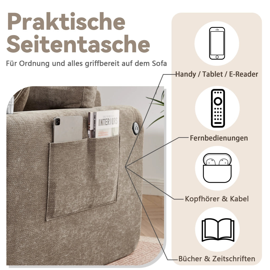Divano 2 posti in ciniglia con tasche laterali; USB e portabicchiere; 220 x 100 x 89 cm; marrone