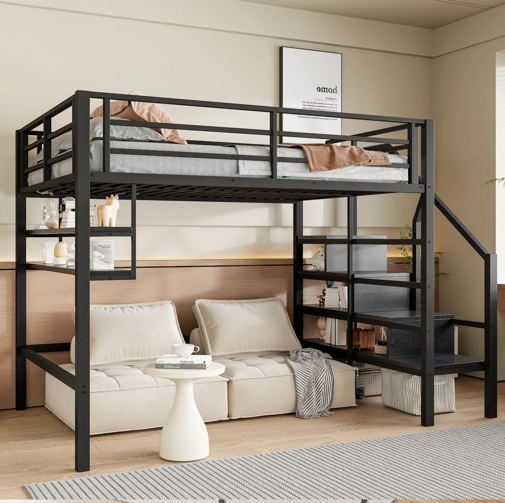 Letto a soppalco per bambini 140x200 cm nero con ripiani