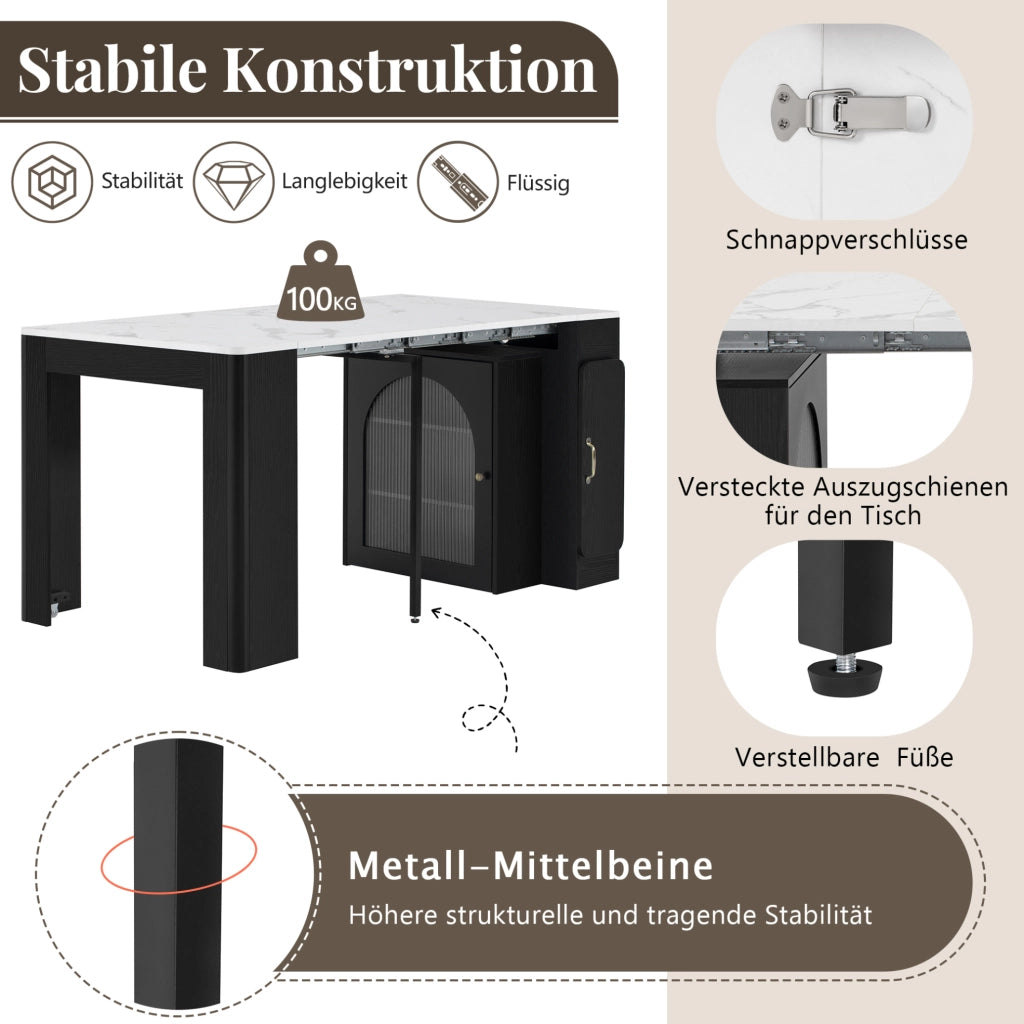 Tavolo da pranzo estensibile con isola e prese USB, bianco/nero