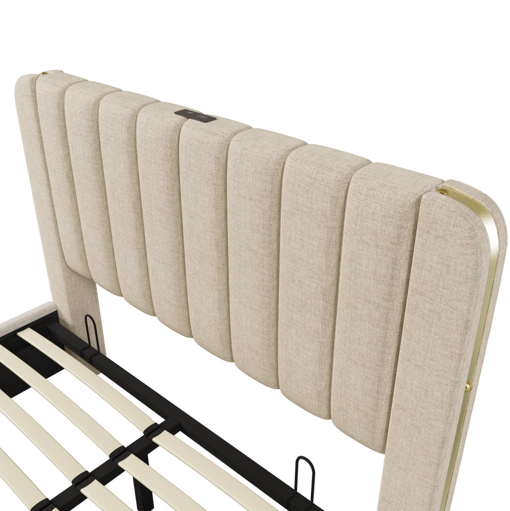 Letto imbottito 140x190 cm in lino beige, con contenitore, USB-C e LED