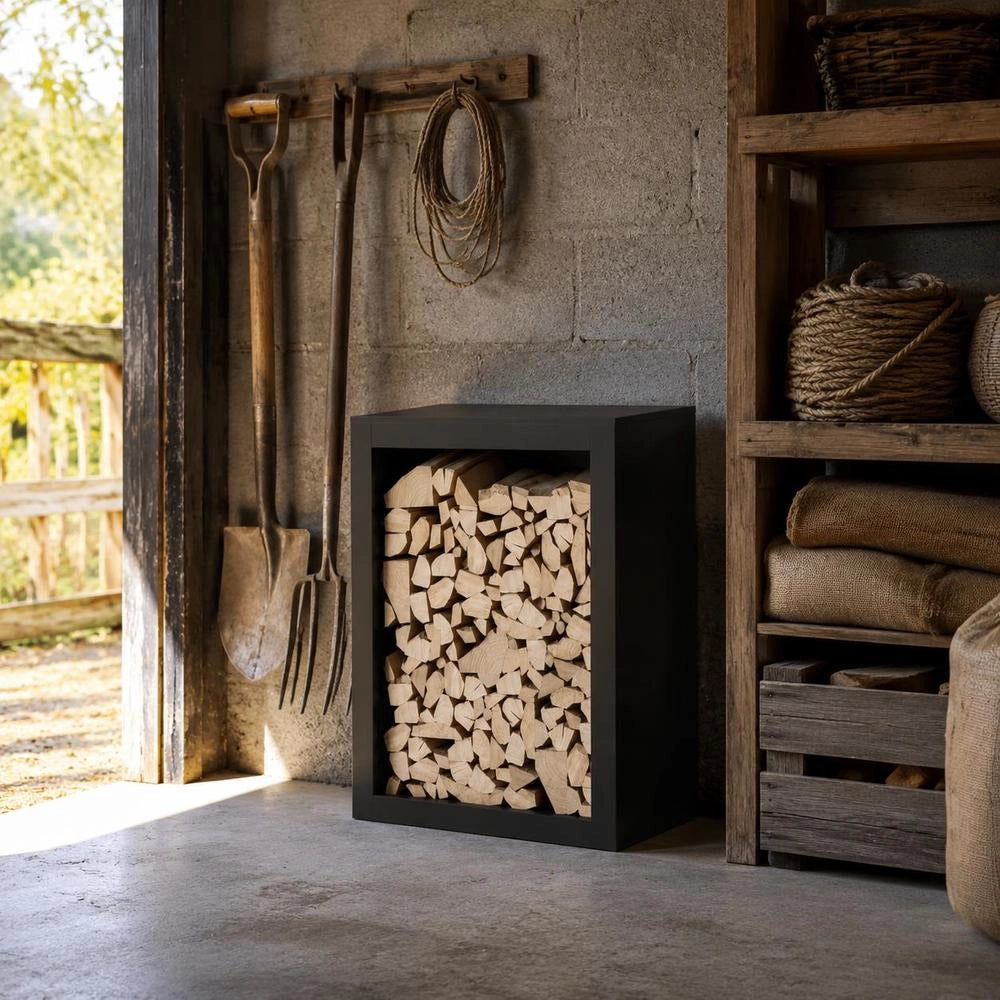 Porta legna nero, 60x40x80 cm, in acciaio – robusto e resistente, ideale per esterni, giardino e camino, pratico e durevole